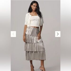 NWT By Anthropologie Metallic Plissé Tiered Midi Skirt